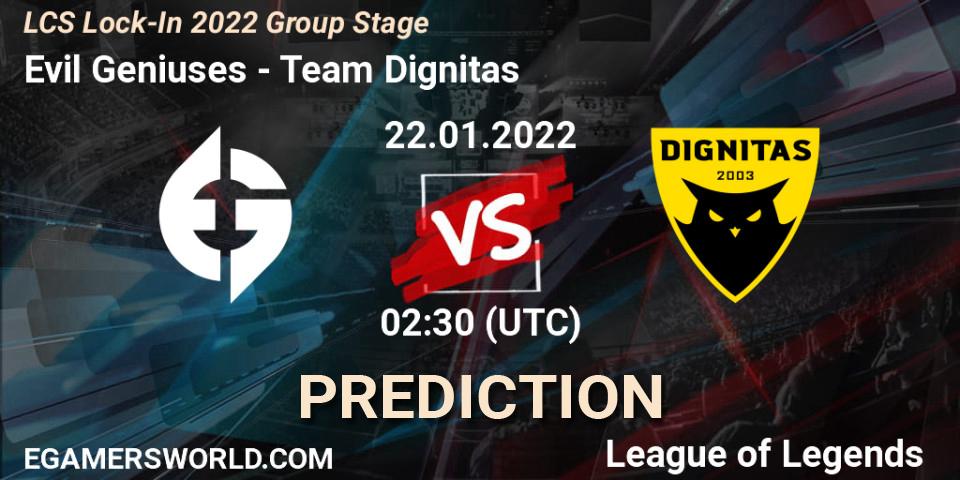 Pronósticos Evil Geniuses - Team Dignitas. 22.01.2022 at 02:30. LCS Lock-In 2022 Group Stage - LoL