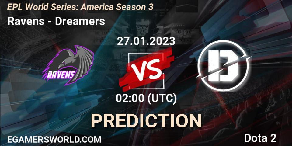 Pronósticos Ravens - Dreamers. 27.01.2023 at 01:59. EPL World Series: America Season 3 - Dota 2
