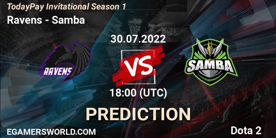Pronósticos Ravens - Samba. 30.07.2022 at 18:11. TodayPay Invitational Season 1 - Dota 2
