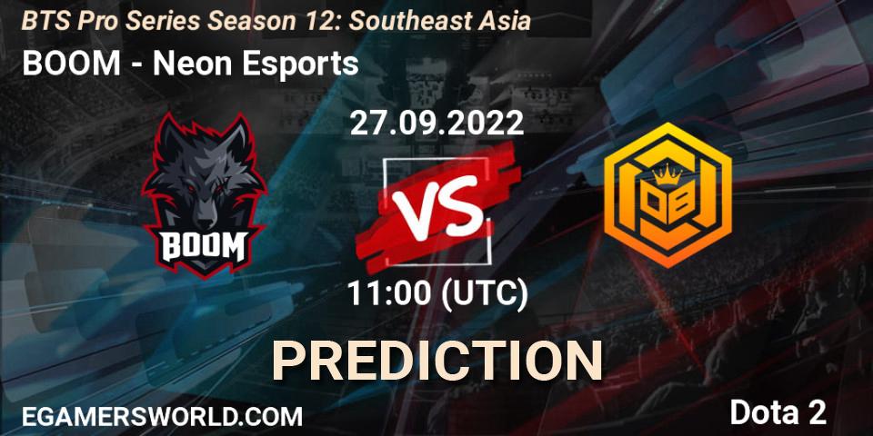 Pronósticos BOOM - Neon Esports. 27.09.2022 at 12:05. BTS Pro Series Season 12: Southeast Asia - Dota 2