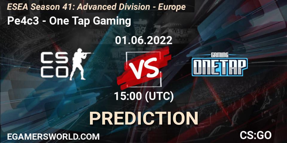 Pronósticos Pe4c3 - One Tap Gaming. 01.06.2022 at 15:00. ESEA Season 41: Advanced Division - Europe - Counter-Strike (CS2)