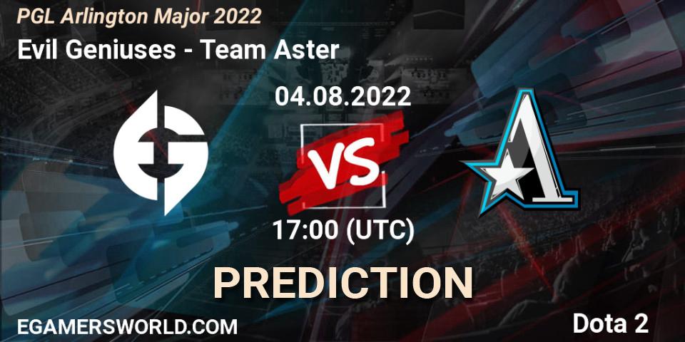 Pronósticos Evil Geniuses - Team Aster. 04.08.2022 at 17:37. PGL Arlington Major 2022 - Group Stage - Dota 2