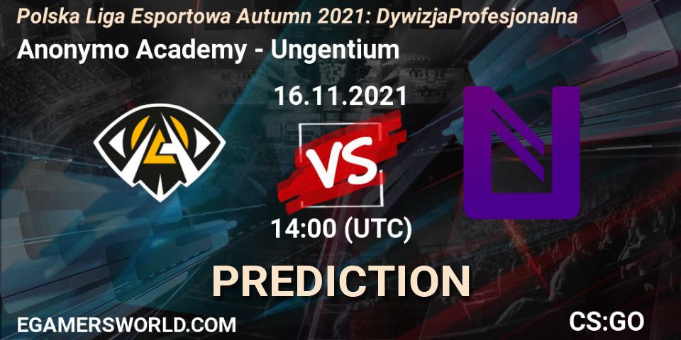 Pronósticos Anonymo Academy - Ungentium. 16.11.2021 at 14:00. Polska Liga Esportowa Autumn 2021: Dywizja Profesjonalna - Counter-Strike (CS2)
