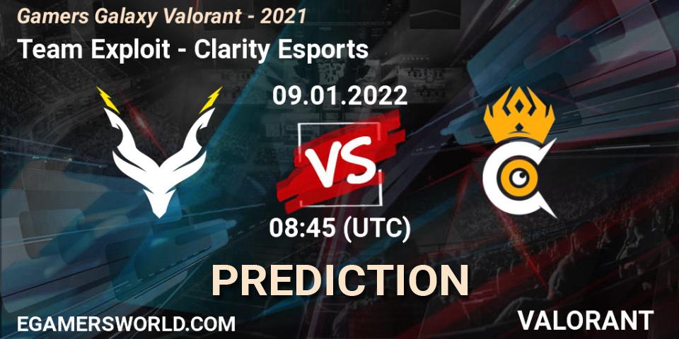 Pronósticos Team Exploit - Clarity Esports. 09.01.2022 at 08:45. Gamers Galaxy Valorant - 2021 - VALORANT