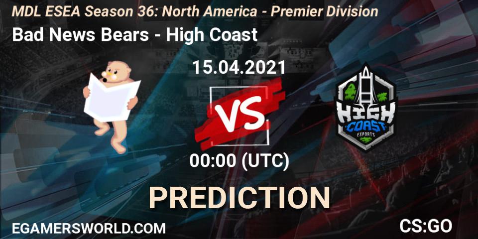 Pronósticos Bad News Bears - High Coast. 15.04.2021 at 00:00. MDL ESEA Season 36: North America - Premier Division - Counter-Strike (CS2)