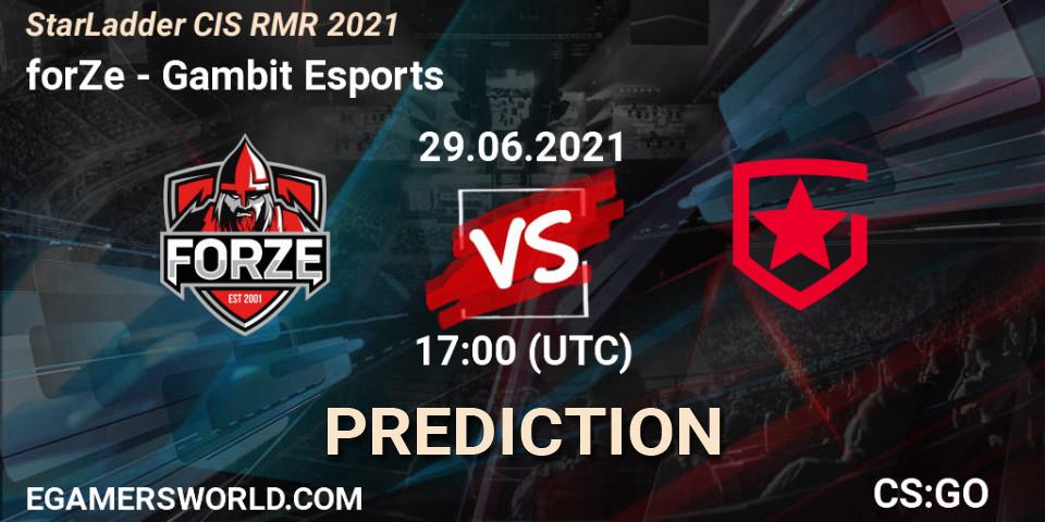 Pronósticos forZe - Gambit Esports. 29.06.2021 at 17:00. StarLadder CIS RMR 2021 - Counter-Strike (CS2)
