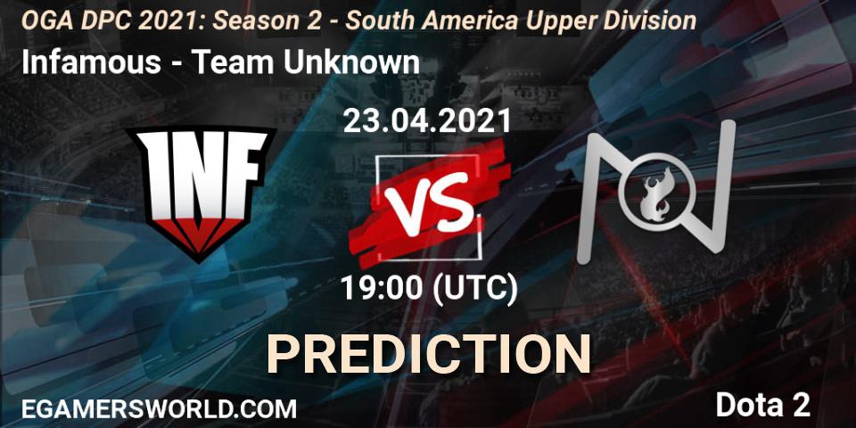 Pronósticos Infamous - Team Unknown. 23.04.2021 at 19:04. OGA DPC 2021: Season 2 - South America Upper Division - Dota 2