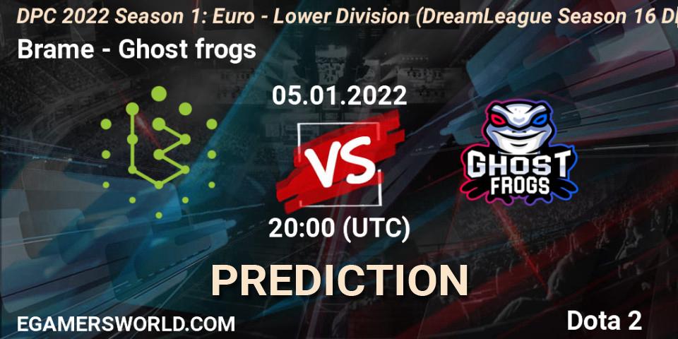 Pronósticos Brame - Ghost frogs. 05.01.2022 at 20:25. DPC 2022 Season 1: Euro - Lower Division (DreamLeague Season 16 DPC WEU) - Dota 2
