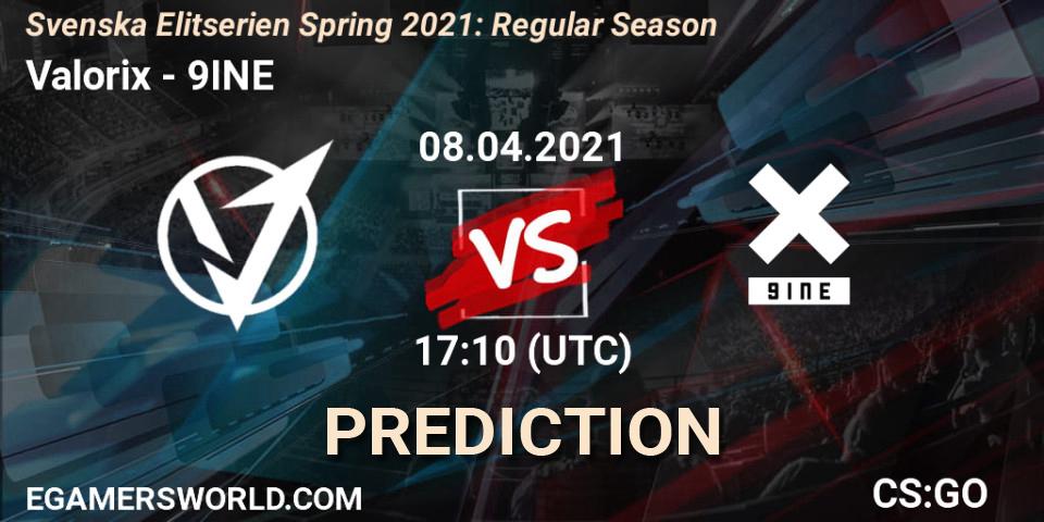 Pronósticos Valorix - 9INE. 08.04.2021 at 17:10. Svenska Elitserien Spring 2021: Regular Season - Counter-Strike (CS2)