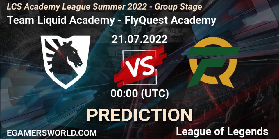 Pronósticos Team Liquid Academy - FlyQuest Academy. 21.07.2022 at 00:00. LCS Academy League Summer 2022 - Group Stage - LoL