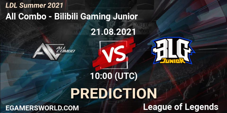 Pronósticos All Combo - Bilibili Gaming Junior. 21.08.2021 at 10:20. LDL Summer 2021 - LoL