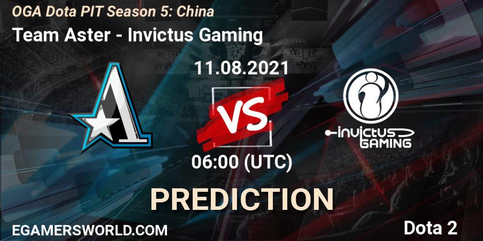 Pronósticos Team Aster - Invictus Gaming. 11.08.2021 at 06:00. OGA Dota PIT Season 5: China - Dota 2