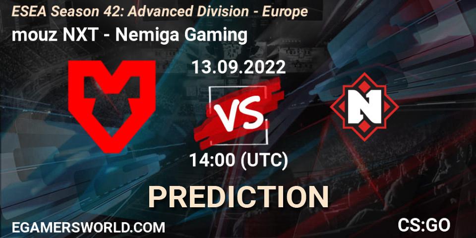 Pronósticos mouz NXT - Nemiga Gaming. 13.09.2022 at 14:00. ESEA Season 42: Advanced Division - Europe - Counter-Strike (CS2)