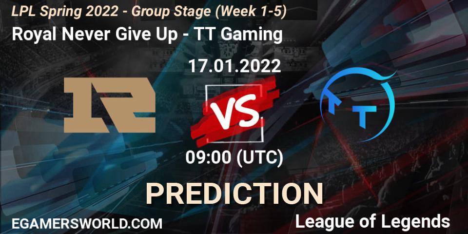 Pronósticos Royal Never Give Up - TT Gaming. 17.01.2022 at 09:00. LPL Spring 2022 - Group Stage (Week 1-5) - LoL