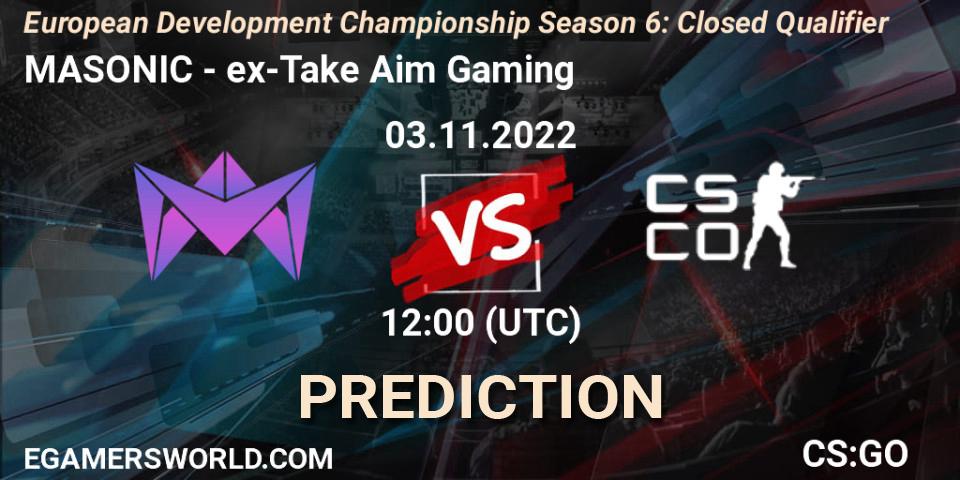 Pronósticos MASONIC - ex-Take Aim Gaming. 03.11.2022 at 12:00. European Development Championship Season 6: Closed Qualifier - Counter-Strike (CS2)