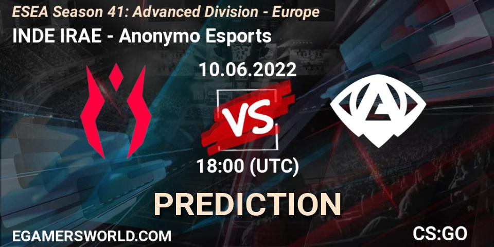 Pronósticos INDE IRAE - Anonymo Esports. 10.06.2022 at 18:00. ESEA Season 41: Advanced Division - Europe - Counter-Strike (CS2)