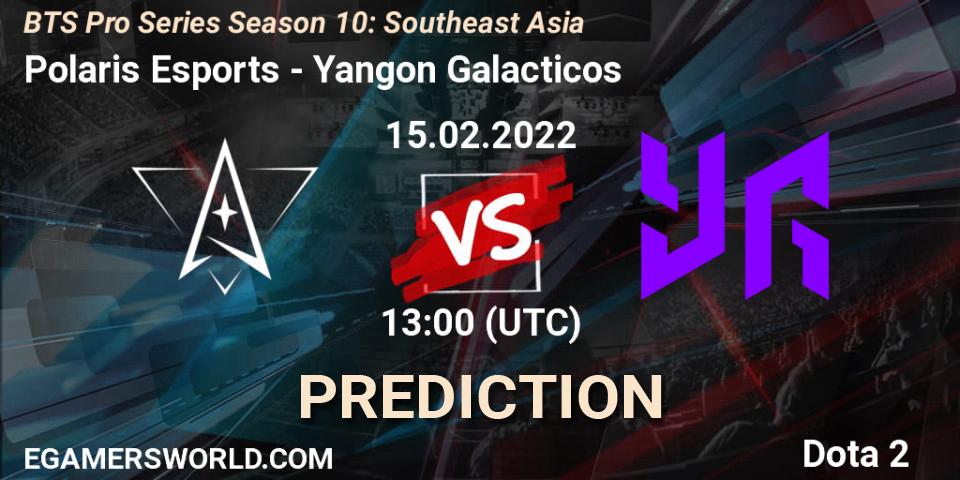 Pronósticos Polaris Esports - Yangon Galacticos. 15.02.2022 at 13:16. BTS Pro Series Season 10: Southeast Asia - Dota 2