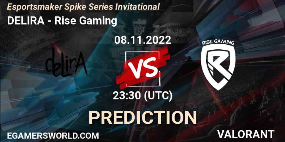 Pronósticos DELIRA - Rise Gaming. 09.11.2022 at 01:00. Esportsmaker Spike Series Invitational - VALORANT