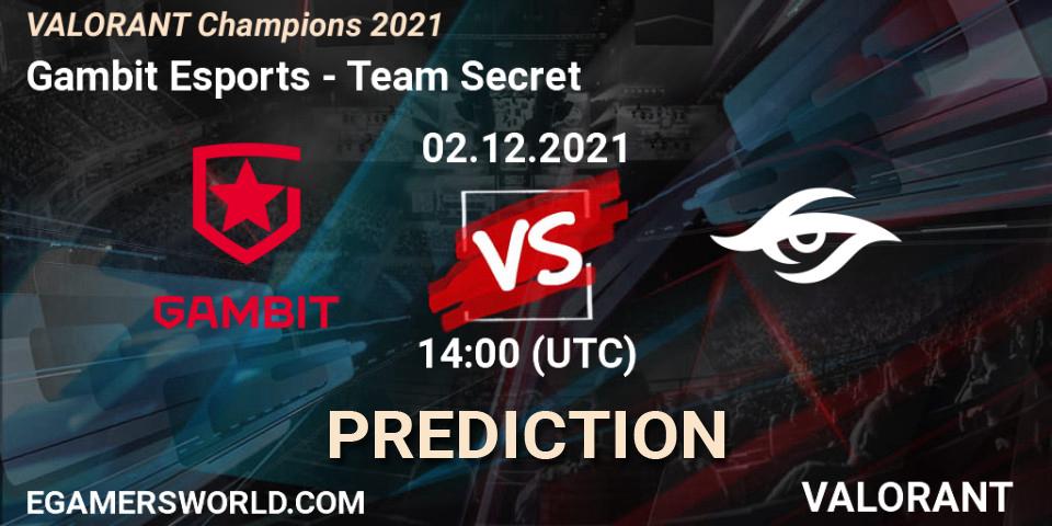 Pronósticos Gambit Esports - Team Secret. 02.12.2021 at 14:00. VALORANT Champions 2021 - VALORANT