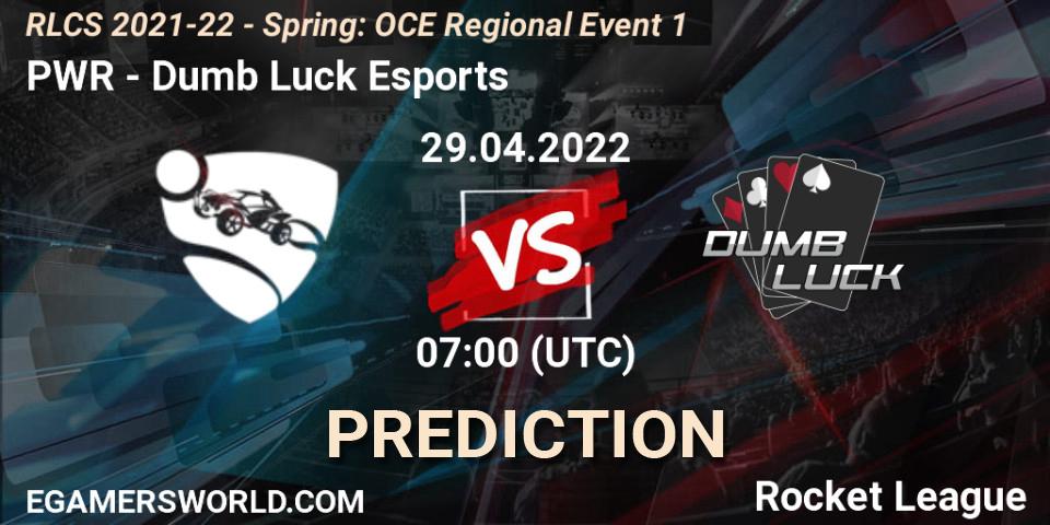 Pronósticos PWR - Dumb Luck Esports. 29.04.2022 at 07:00. RLCS 2021-22 - Spring: OCE Regional Event 1 - Rocket League