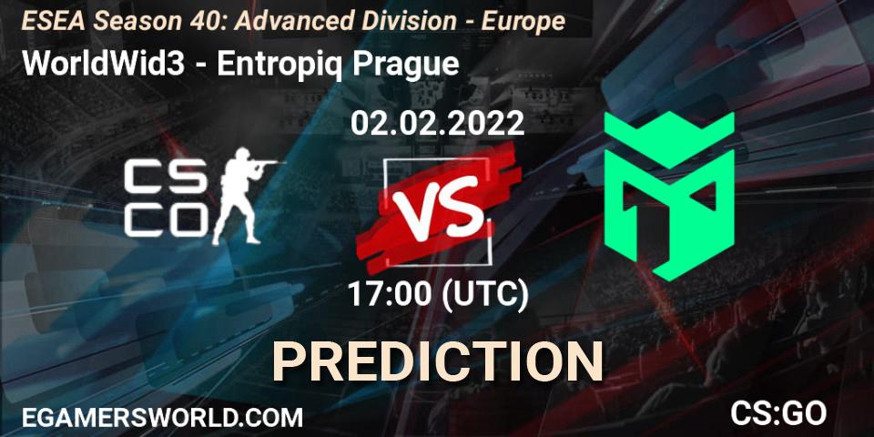 Pronósticos WorldWid3 - Entropiq Prague. 02.02.2022 at 17:00. ESEA Season 40: Advanced Division - Europe - Counter-Strike (CS2)