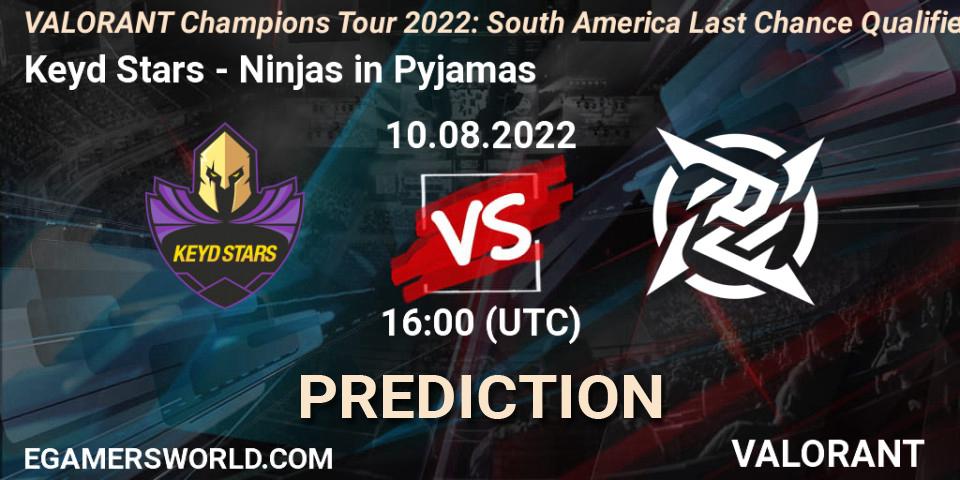 Pronósticos Keyd Stars - Ninjas in Pyjamas. 10.08.2022 at 19:00. VCT 2022: South America Last Chance Qualifier - VALORANT