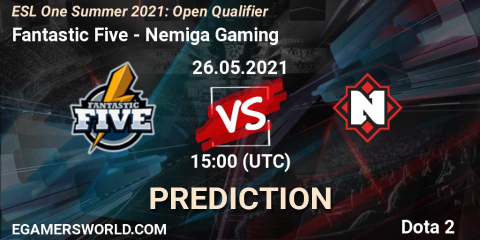 Pronósticos Fantastic Five - Nemiga Gaming. 26.05.2021 at 15:08. ESL One Summer 2021: Open Qualifier - Dota 2