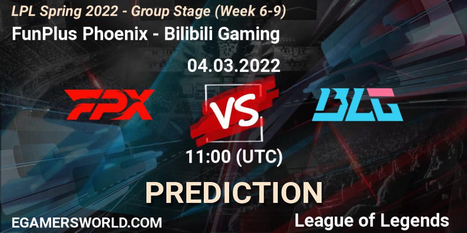 Pronósticos FunPlus Phoenix - Bilibili Gaming. 04.03.2022 at 12:30. LPL Spring 2022 - Group Stage (Week 6-9) - LoL