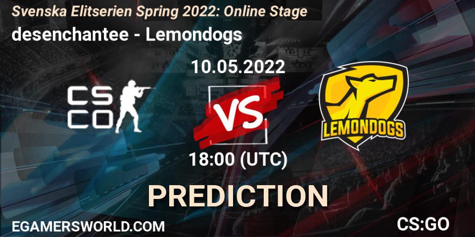 Pronósticos desenchantee - Lemondogs. 10.05.2022 at 18:00. Svenska Elitserien Spring 2022: Online Stage - Counter-Strike (CS2)