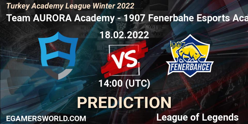Pronósticos Team AURORA Academy - 1907 Fenerbahçe Esports Academy. 18.02.2022 at 14:00. Turkey Academy League Winter 2022 - LoL