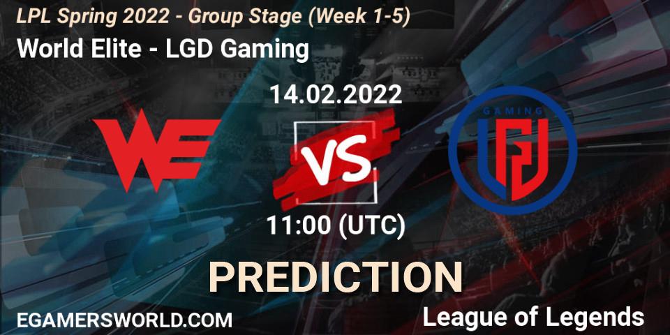 Pronósticos World Elite - LGD Gaming. 14.02.2022 at 12:00. LPL Spring 2022 - Group Stage (Week 1-5) - LoL
