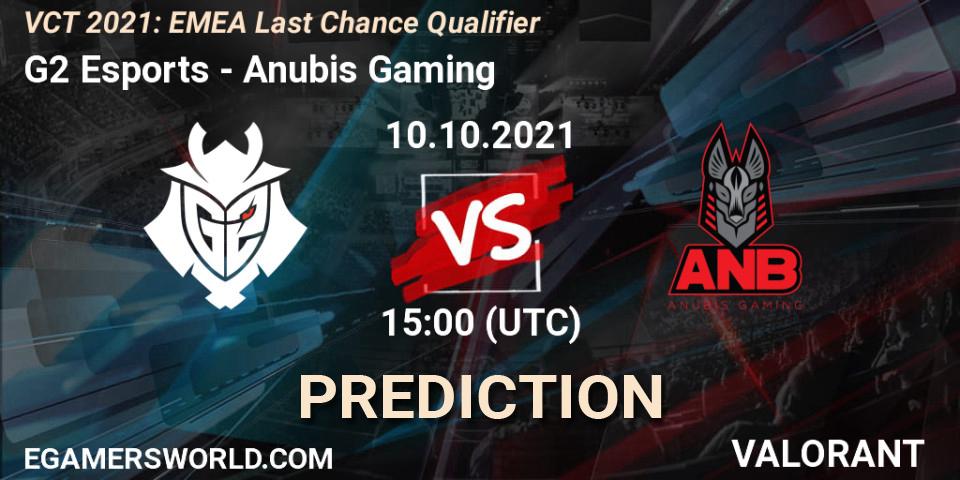 Pronósticos G2 Esports - Anubis Gaming. 10.10.2021 at 15:00. VCT 2021: EMEA Last Chance Qualifier - VALORANT
