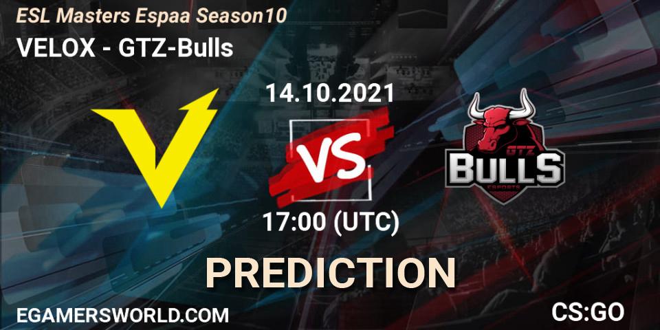 Pronósticos VELOX - GTZ-Bulls. 14.10.2021 at 17:00. ESL Masters Spain Season 10 Finals - Counter-Strike (CS2)