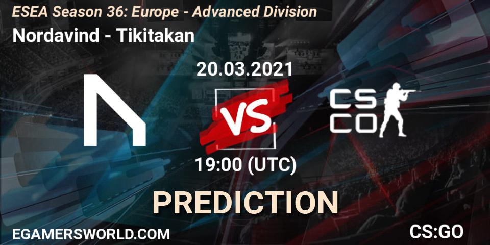 Pronósticos Nordavind - Tikitakan. 20.03.2021 at 19:00. ESEA Season 36: Europe - Advanced Division - Counter-Strike (CS2)