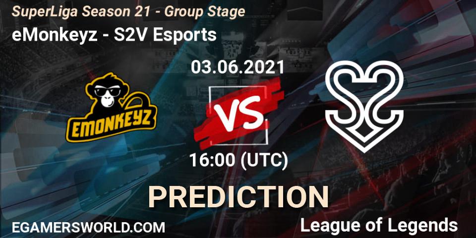 Pronósticos eMonkeyz - S2V Esports. 03.06.2021 at 16:00. SuperLiga Season 21 - Group Stage - LoL