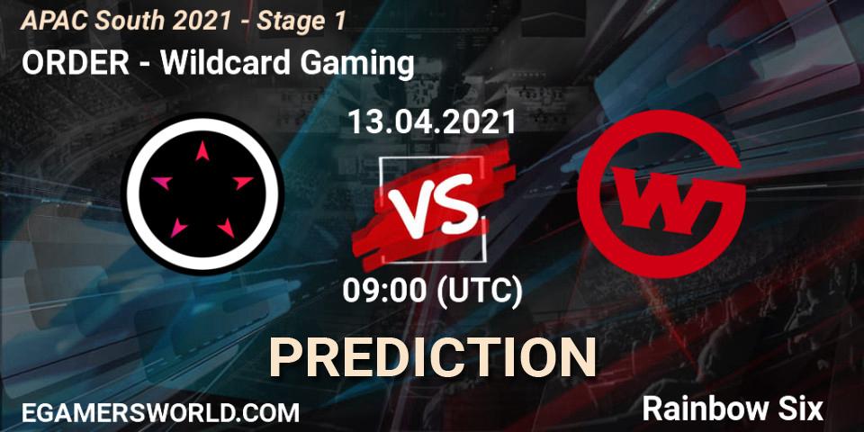 Pronósticos ORDER - Wildcard Gaming. 13.04.2021 at 09:00. APAC South 2021 - Stage 1 - Rainbow Six