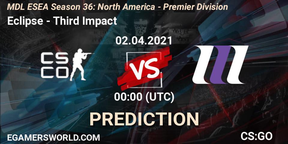 Pronósticos Eclipse - Third Impact. 02.04.2021 at 00:00. MDL ESEA Season 36: North America - Premier Division - Counter-Strike (CS2)