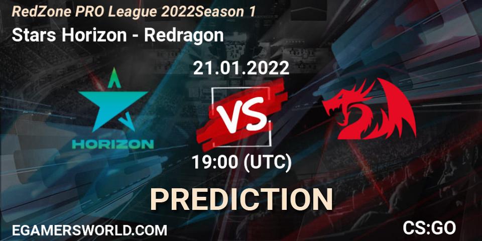 Pronósticos Stars Horizon - Redragon. 21.01.2022 at 22:30. RedZone PRO League 2022 Season 1 - Counter-Strike (CS2)