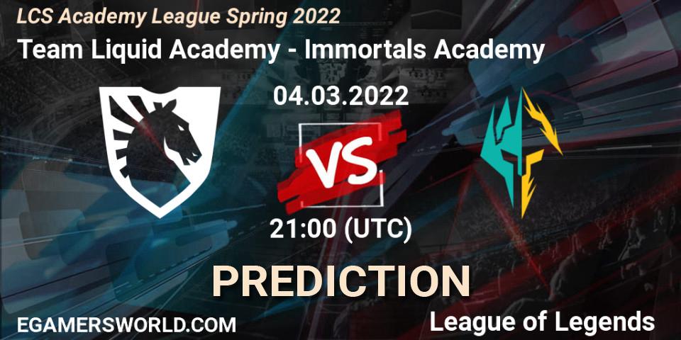 Pronósticos Team Liquid Academy - Immortals Academy. 04.03.2022 at 21:00. LCS Academy League Spring 2022 - LoL