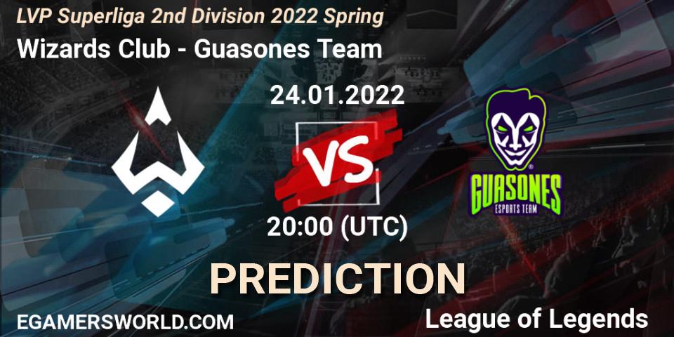 Pronósticos Wizards Club - Guasones Team. 25.01.2022 at 19:00. LVP Superliga 2nd Division 2022 Spring - LoL