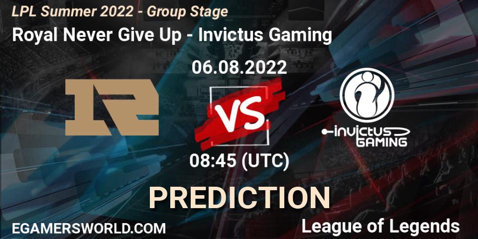 Pronósticos Royal Never Give Up - Invictus Gaming. 06.08.22. LPL Summer 2022 - Group Stage - LoL