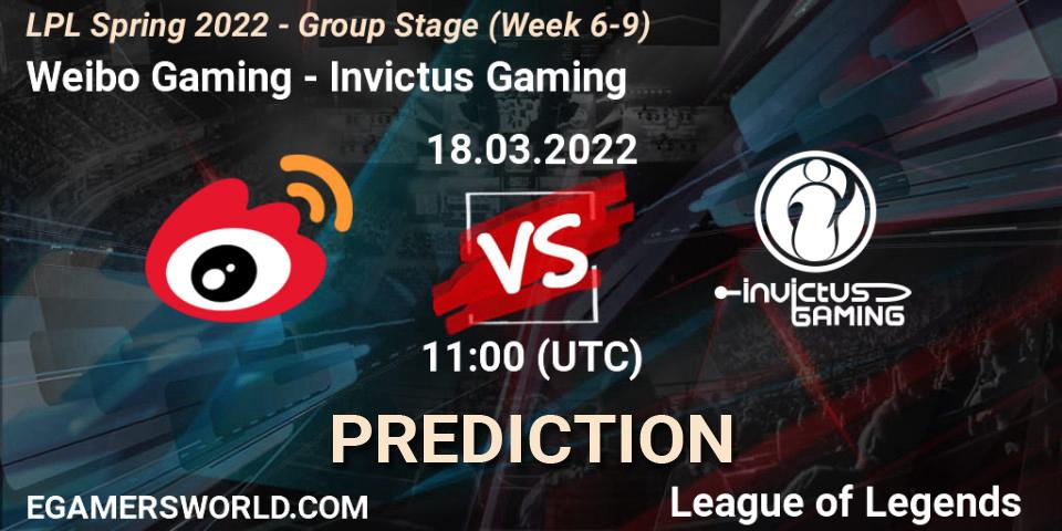 Pronósticos Weibo Gaming - Invictus Gaming. 18.03.2022 at 11:00. LPL Spring 2022 - Group Stage (Week 6-9) - LoL