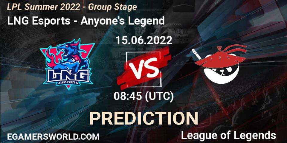 Pronósticos LNG Esports - Anyone's Legend. 15.06.22. LPL Summer 2022 - Group Stage - LoL