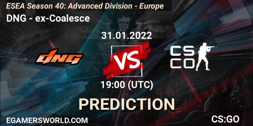 Pronósticos DNG - ex-Coalesce. 31.01.2022 at 19:00. ESEA Season 40: Advanced Division - Europe - Counter-Strike (CS2)
