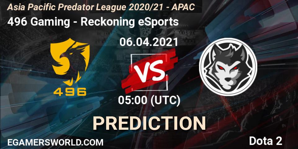 Pronósticos 496 Gaming - Reckoning eSports. 06.04.2021 at 07:41. Asia Pacific Predator League 2020/21 - APAC - Dota 2