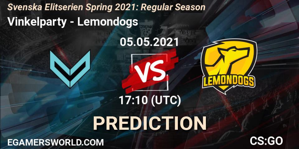 Pronósticos Vinkelparty - Lemondogs. 05.05.2021 at 17:10. Svenska Elitserien Spring 2021: Regular Season - Counter-Strike (CS2)