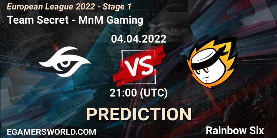 Pronósticos Team Secret - MnM Gaming. 04.04.2022 at 21:00. European League 2022 - Stage 1 - Rainbow Six