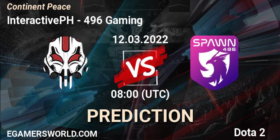 Pronósticos InteractivePH - 496 Gaming. 12.03.2022 at 08:09. Continent Peace - Dota 2