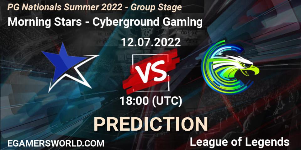 Pronósticos Morning Stars - Cyberground Gaming. 12.07.2022 at 18:00. PG Nationals Summer 2022 - Group Stage - LoL