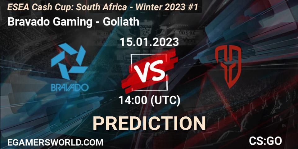 Pronósticos Bravado Gaming - Goliath. 15.01.2023 at 14:00. ESEA Cash Cup: South Africa - Winter 2023 #1 - Counter-Strike (CS2)